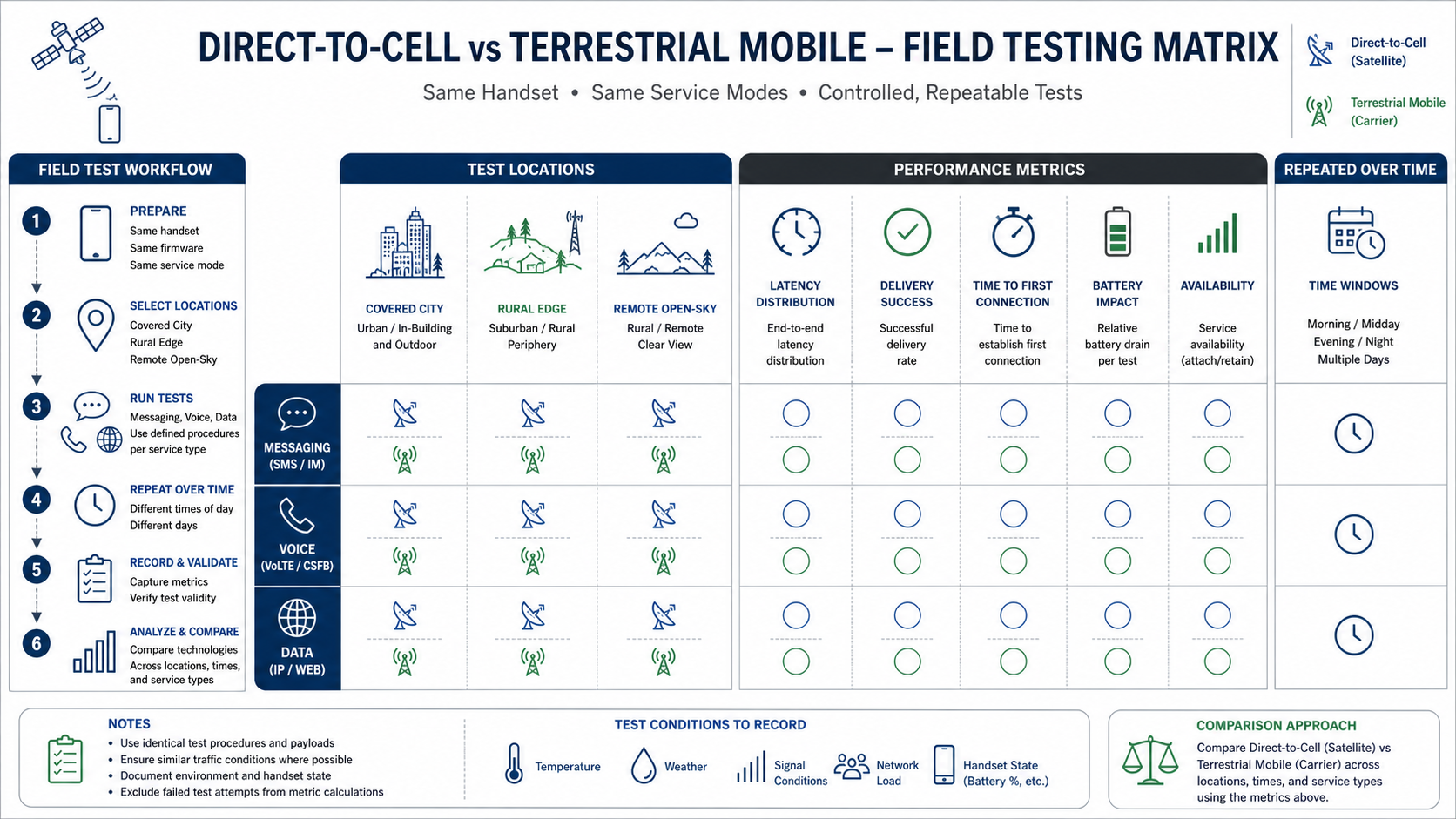 Field-testing matrix for satellite direct-to-cell and terrestrial mobile across locations, service modes, metrics, and time windows