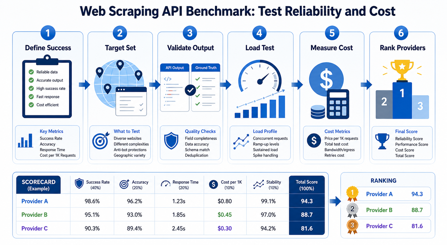 Web Scraping API Benchmark: Test Reliability and Cost workflow diagram